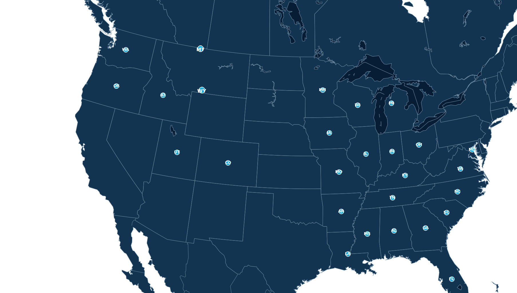 TMSG coverage map showing publisher markets across the United States